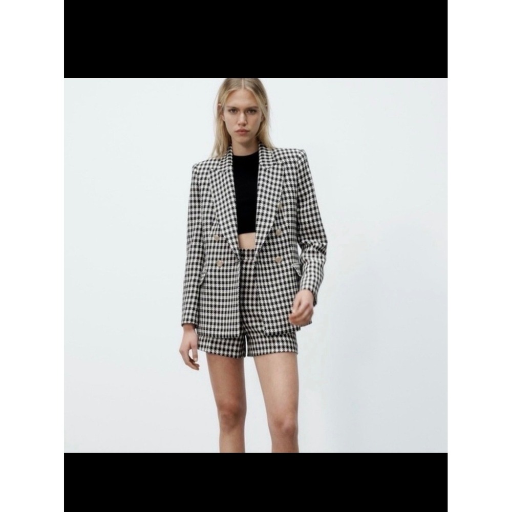 Zara Houndstooth Double Breasted Blazer Black White Gold Button Jacket Large - Picture 4 of 13
